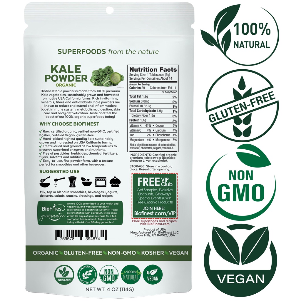 Biofinest Kale Vegetable Powder Organic Pure Freeze Dried Superfood