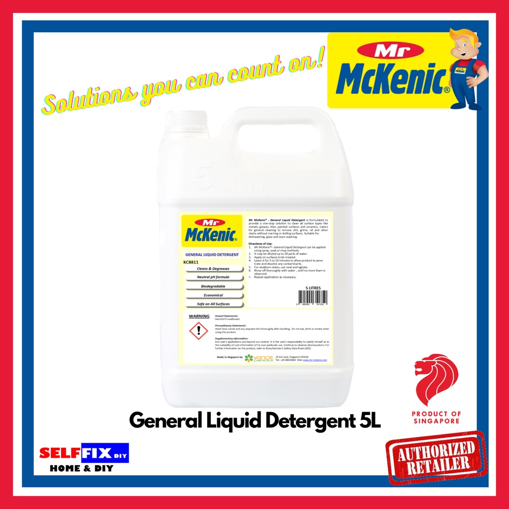 Mr McKenic General Liquid Detergent 5L (pH Neutral Dishwashing Detergent. Cleans and Degreases