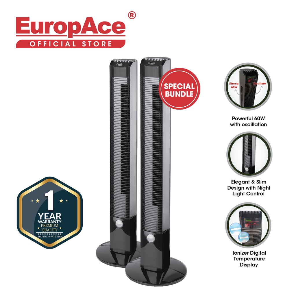 Europace 1.1m (Black) Bladeless Tower Fan 2 x ETF 1129 Bundle (Black