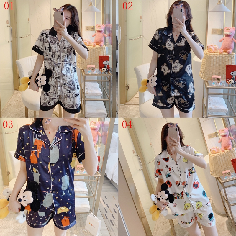 Ready Stock Fashion Women's Pyjamas Set Silk Satin Short Sleeve