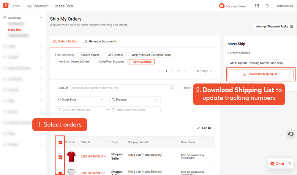 How do I update tracking numbers for multiple orders? Shopee SG