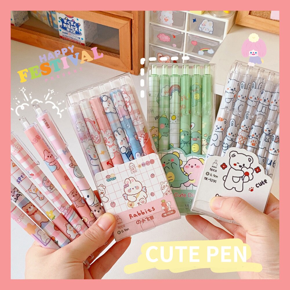 6Pcs/set 0.5mm Kawaii Cartoon Gel Pen Black Ink for Student Writing Creative Cute Neutral Pen