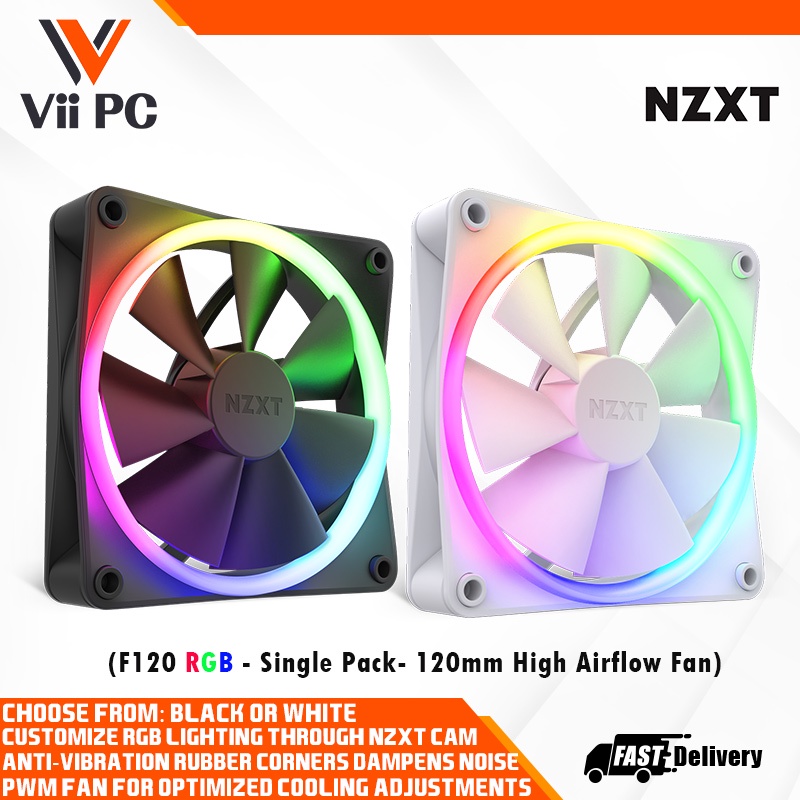 NZXT F120 RGB Fans, Single Pack, 120mm Fan, White / Black, Advanced RGB