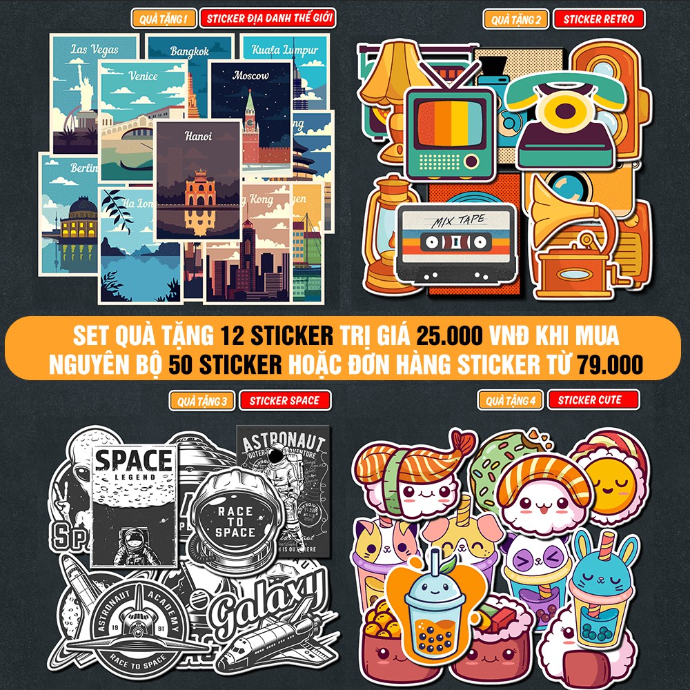 Sticker Mix nhiều chủ đề 𝑭𝒓𝒆𝒆𝒔𝒉𝒊𝒑 Retro Vintage chống nước, hình decal