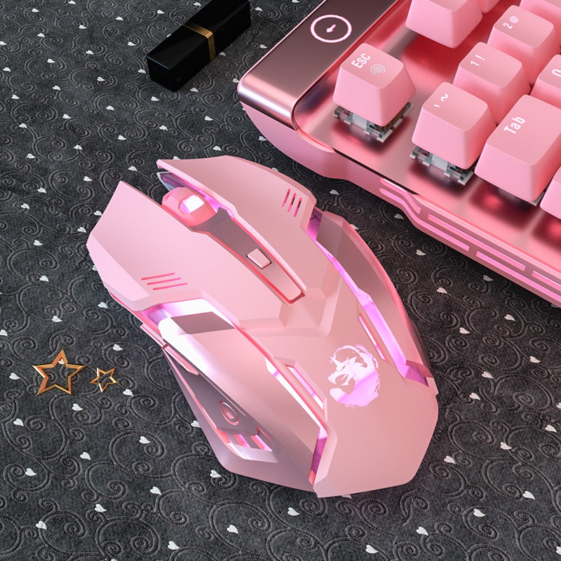 Chuột không dây máy tính cơ Gaming màu hồng con LED chống ồn dễ thương