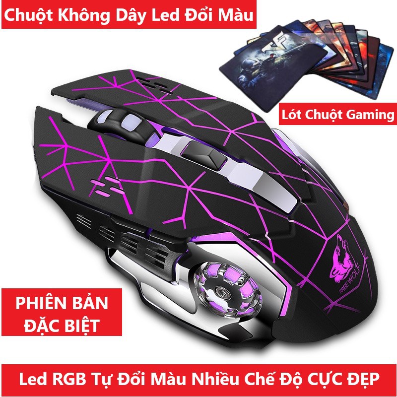 Chuột gaming không dây pin sạc FREEWOLF X8 âm thanh chống ồn đèn LED