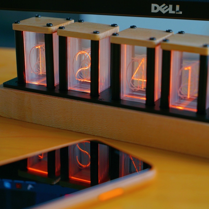 ⋮ ️RGB Nixie Tube Clock Led Desk Clock Wood Desktop Silent Digital