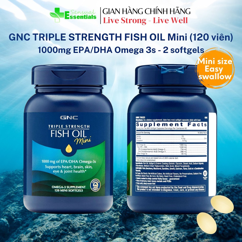 [Chính Hãng]GNC Triple Strength Fish oil mini 1000mg Omega3s (120 viên