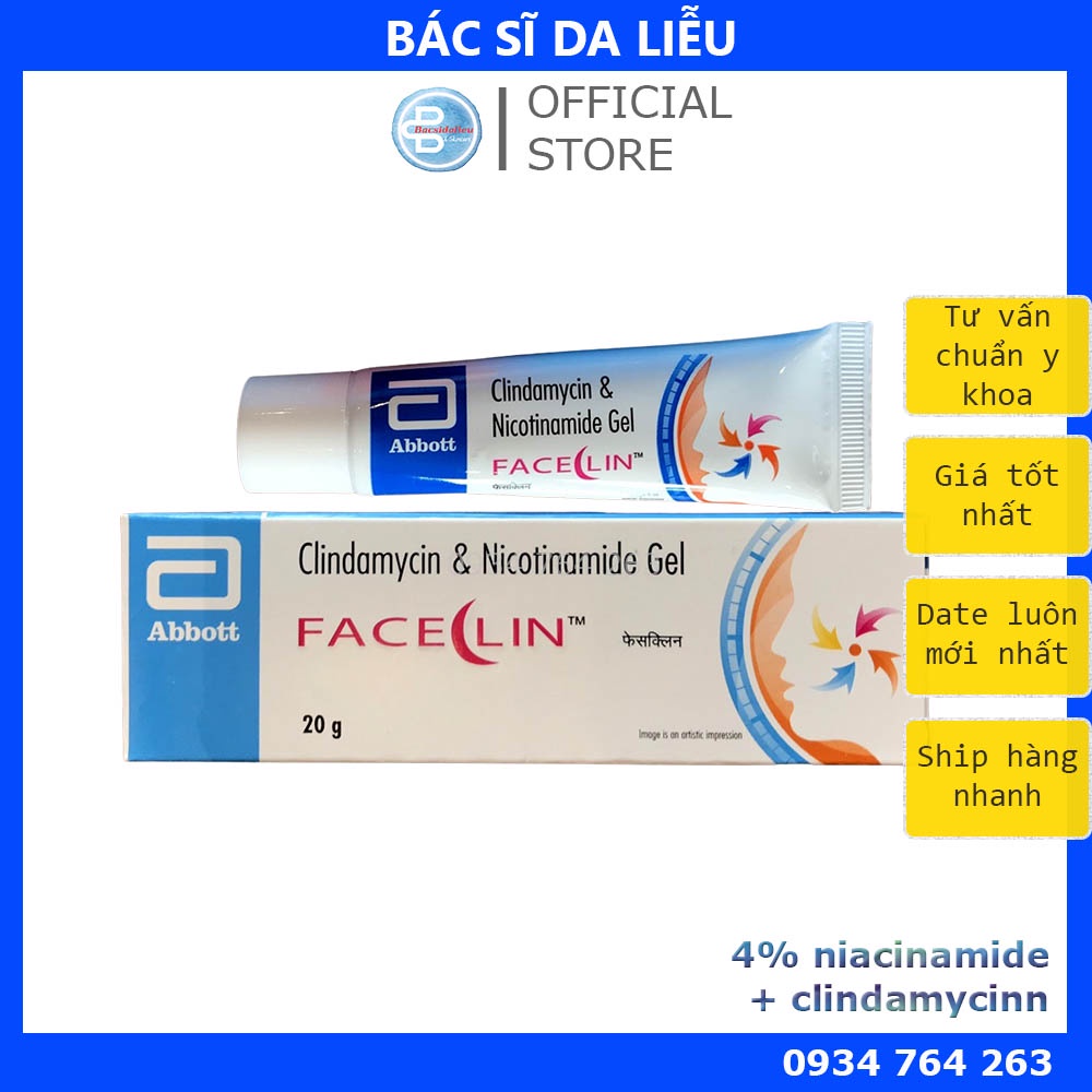 Faceclin gel (20g) chấm mụn 4 niacinamide và clin.damyci, kem giảm