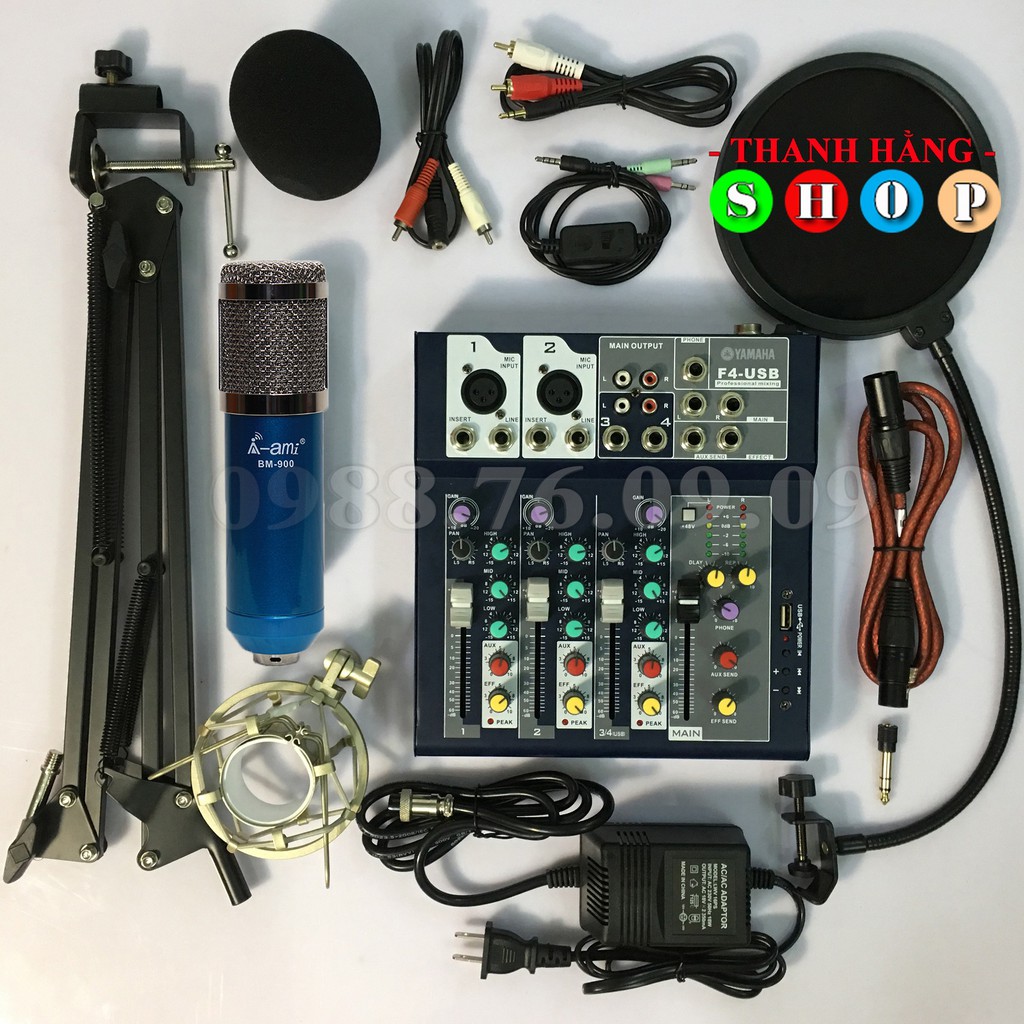 Trọn Bộ Míc Thu Âm AmiBM900 + Mixer F4 Yamaha hát liver stream, hát