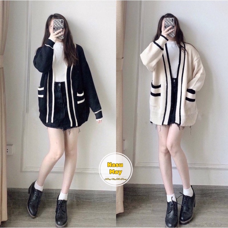 ÁO kHOÁC CARDIGAN Nam Nữ Form Rộng Unisex Chất Nỉ viền túi trắng đen