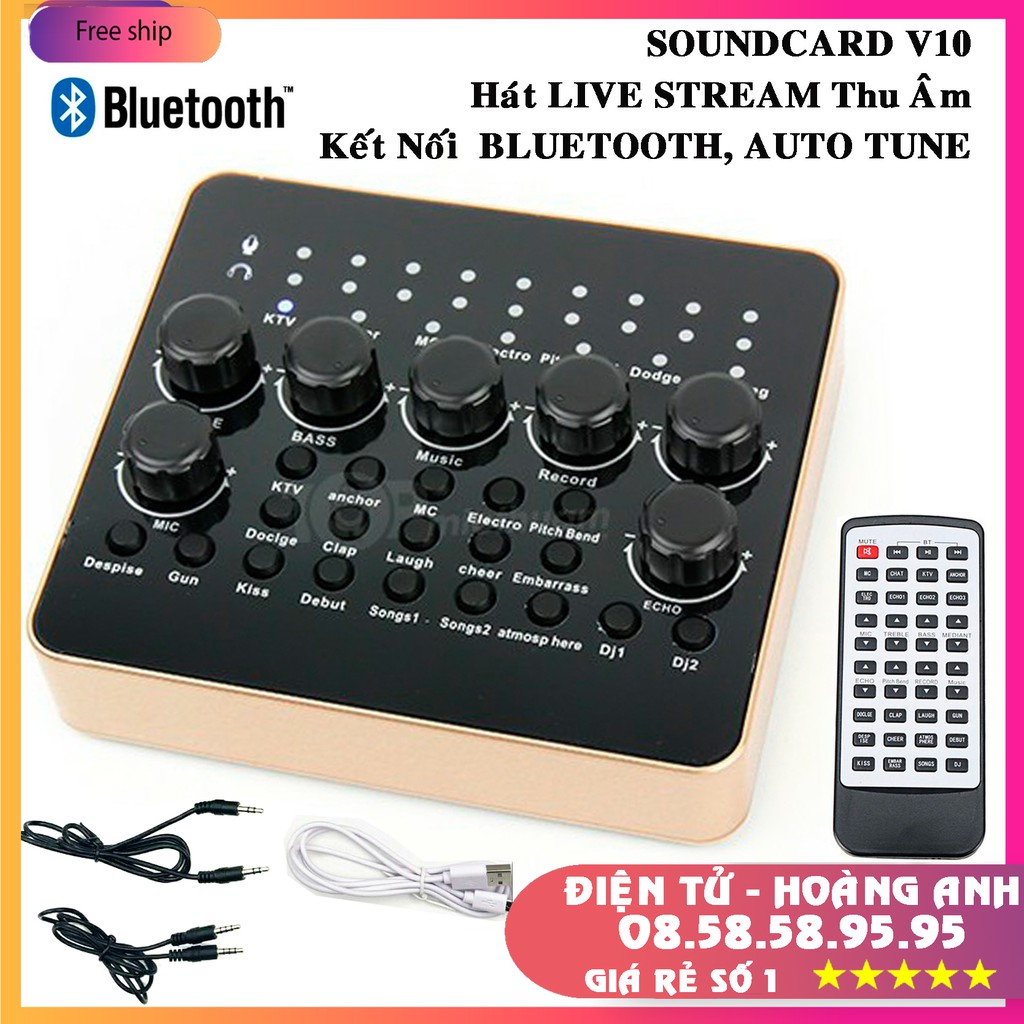 Sound Card V10 Sound Card Thu Âm,Live Stream,Karaoke,Có Bluetooth,AutoTune,Giả Dọng, (AT100BM