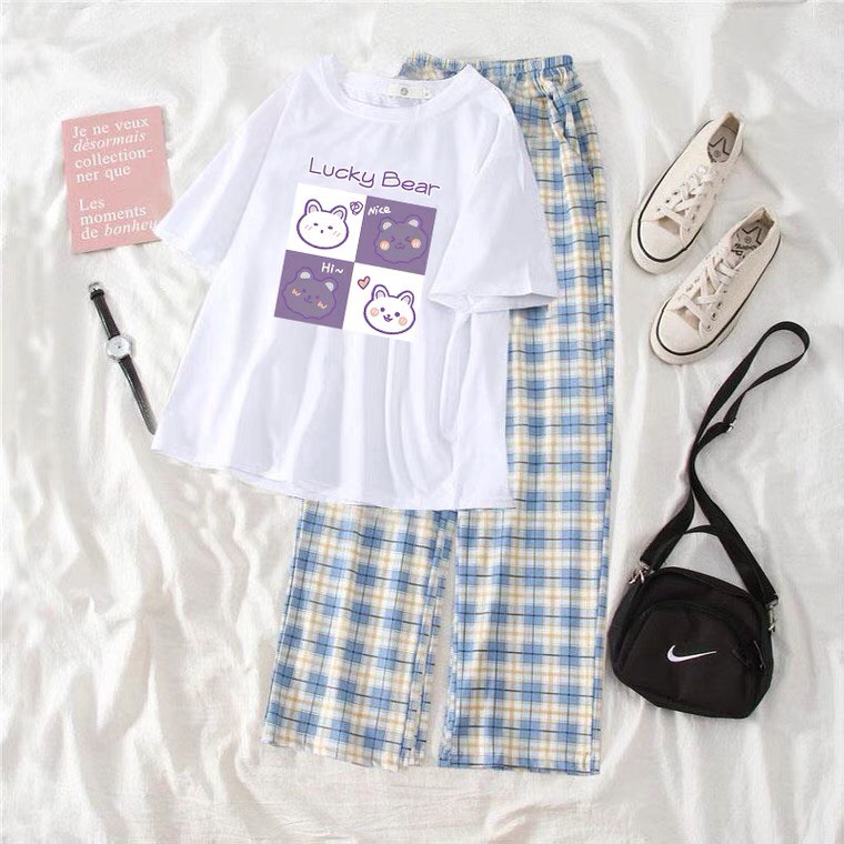 Sét Áo Lucky bear quần kẻ karo xanh Áo thun from rộng Chất đẹp không xù