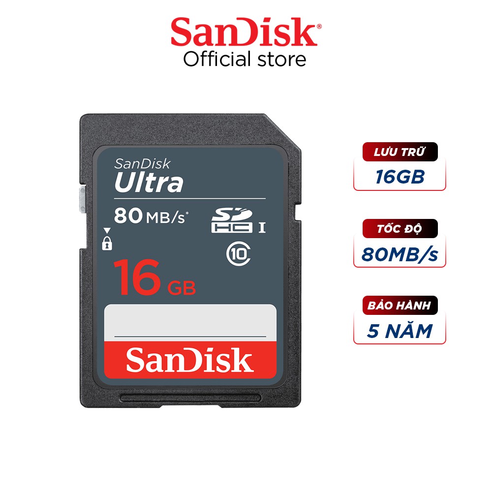 Thẻ nhớ SDHC Sandisk Ultra 16GB upto 80MB/s UHSI (cho máy ảnh) Hãng