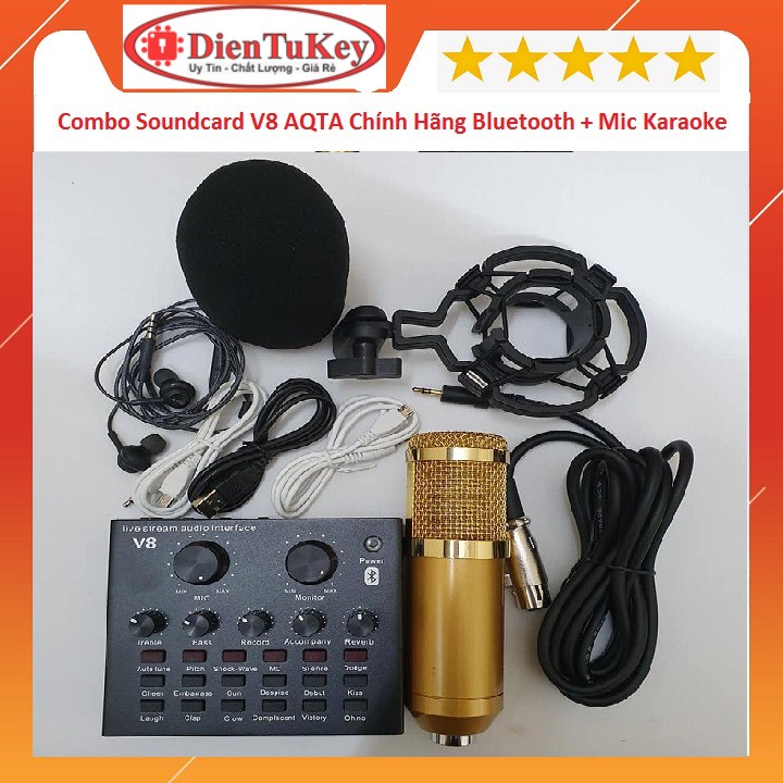 Combo Soundcard V8 AQTA Chính Hãng Bluetooth + Mic Karaoke Livetream BM