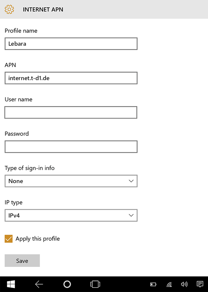 Windows 10 tab Lebara Internet APN Einstellungen - APN-Einstellungen