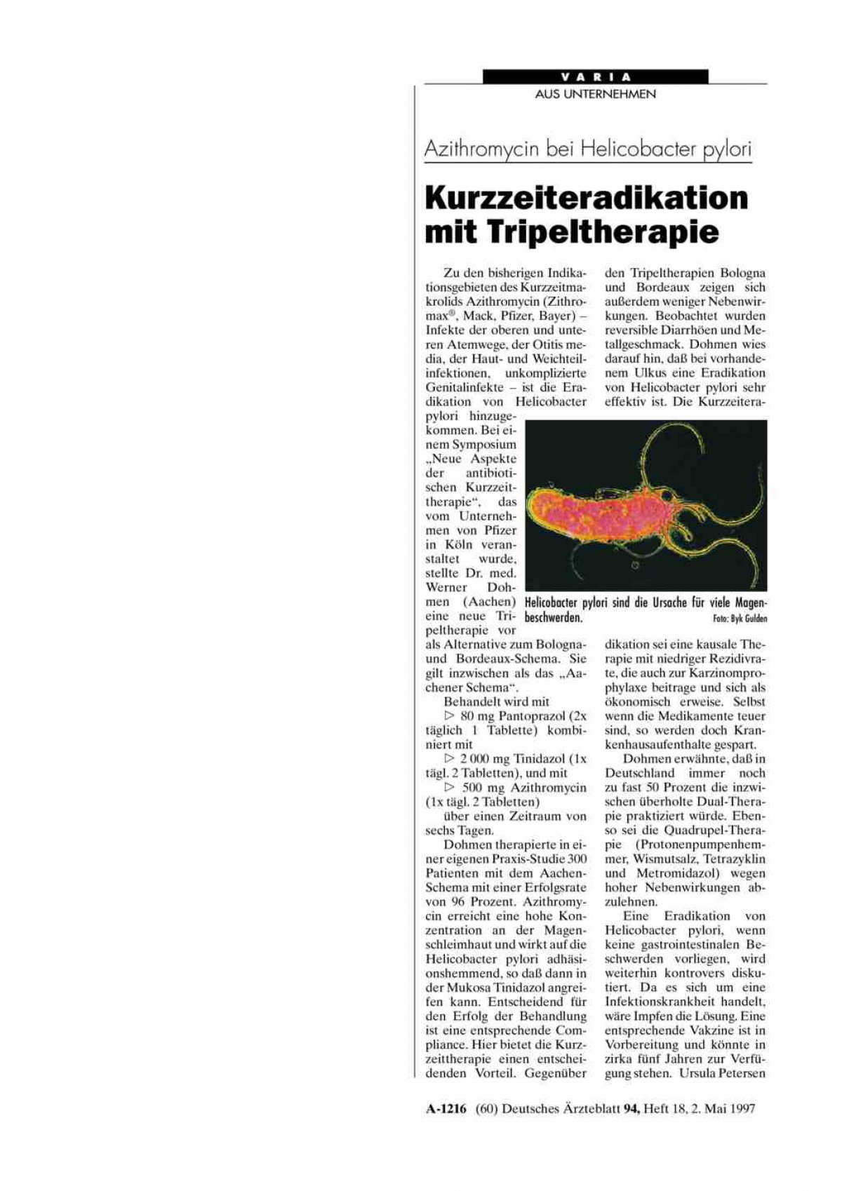 Azithromycin bei Helicobacter pylori Kurzzeiteradikation mit