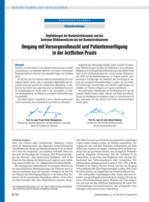 Empfehlungen Der Bundesarztekammer Und Der Zentralen Ethikkommission Bei Der Bundesarztekammer Umgang Mit Vorsorgevollmacht Und Patientenverfugung In