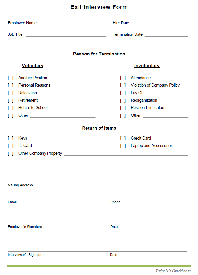 Exit Interview Form (Sample) and Exit Survey for Employment Termination