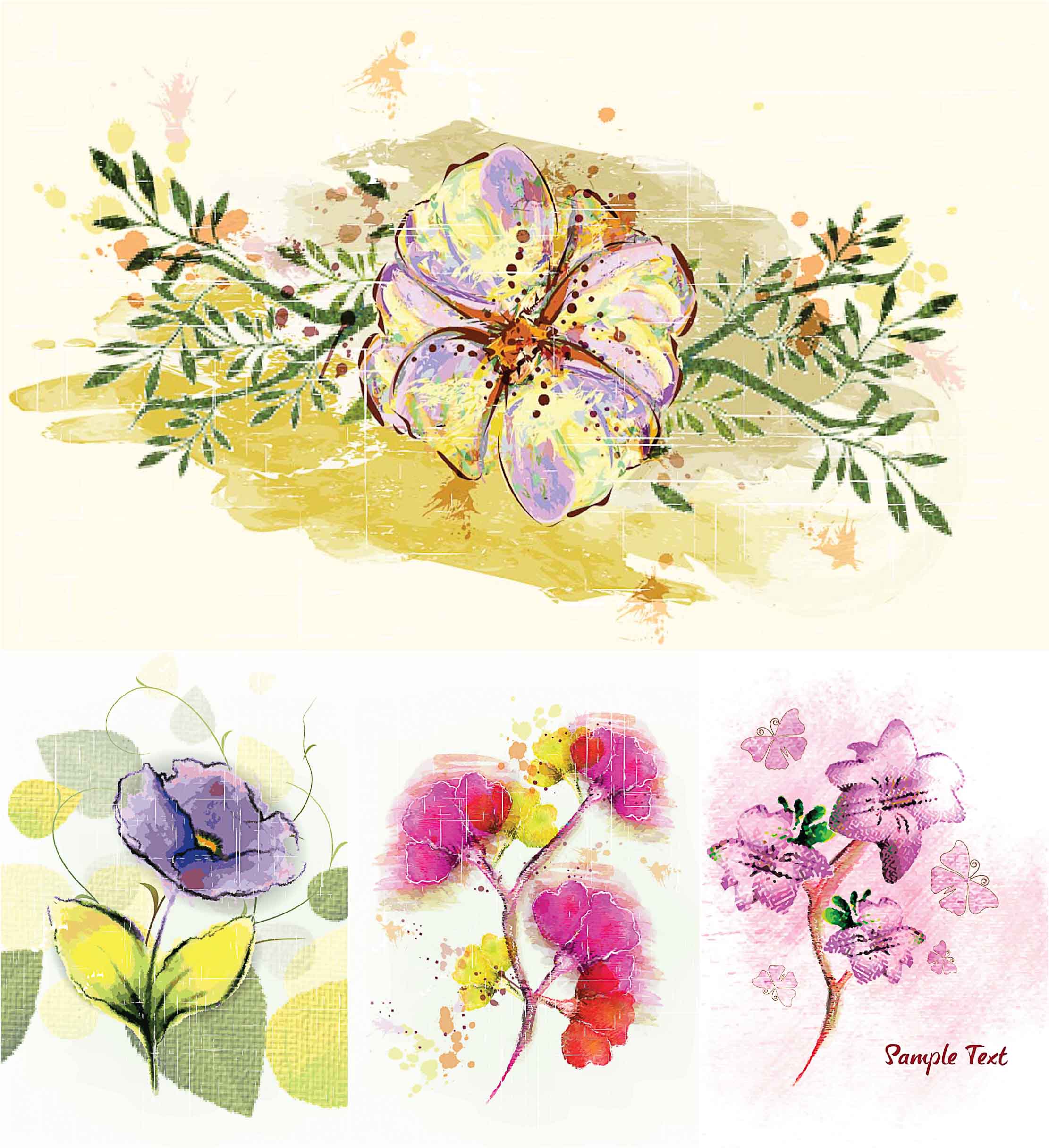 Painted flowers spring card set vector Free download