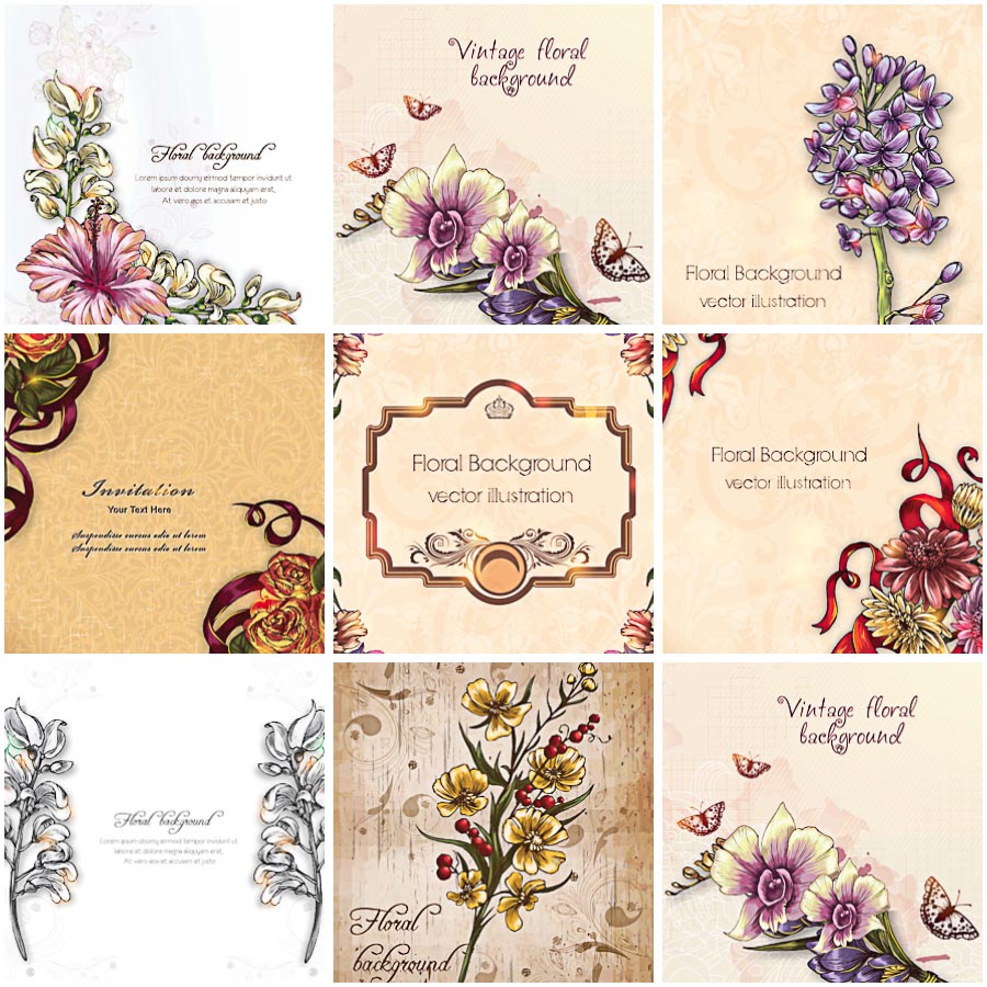 Vintage floral frame pattern set vector Free download