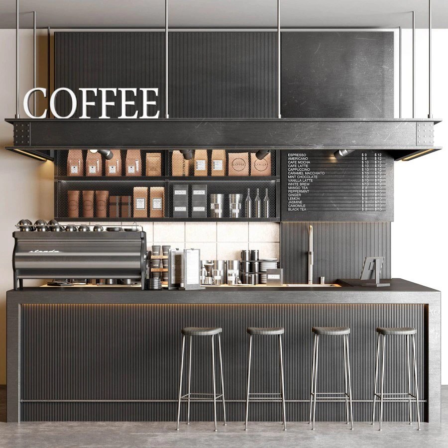 Industrial Coffee Shop 3D Model for VRay, Corona