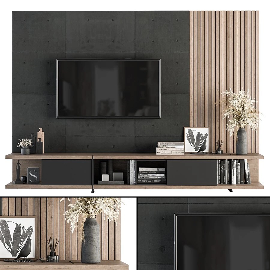 TV Wall Black Concrete And Wood Set 10 3D Model for Corona, VRay