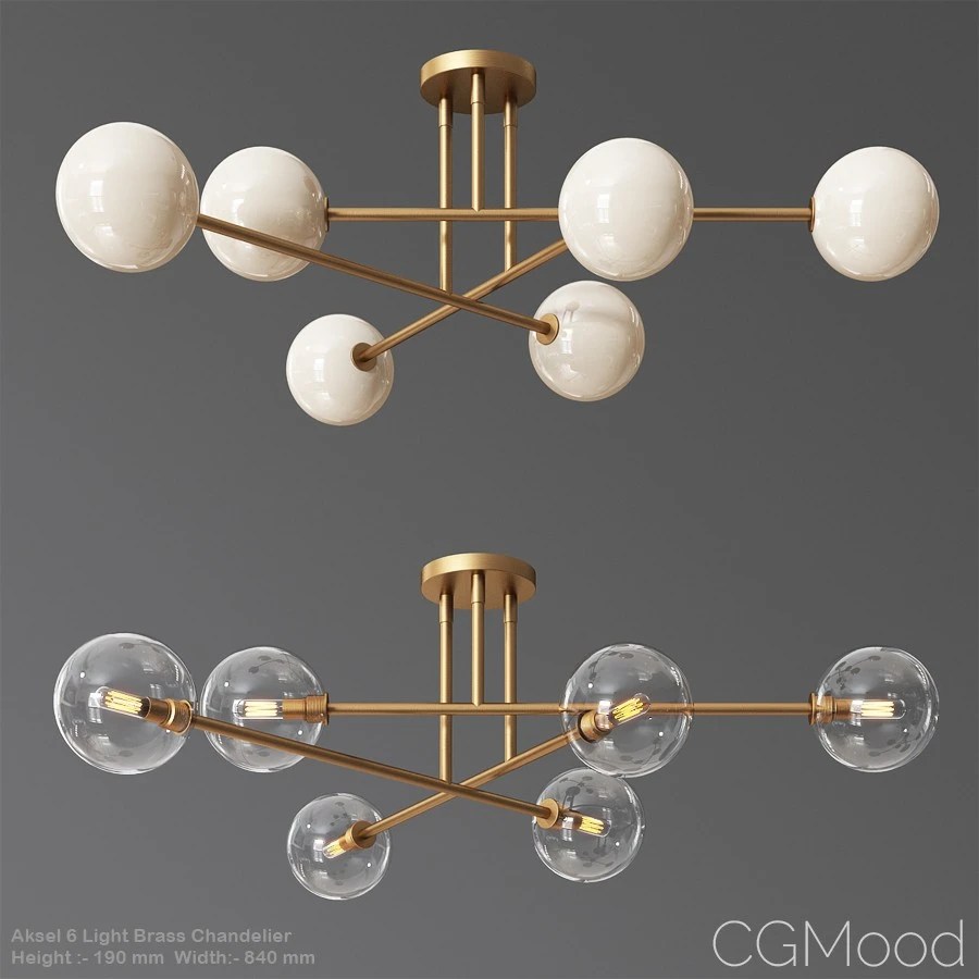 Aksel 6 Light Brass Chandelier 3D Model for VRay, Corona