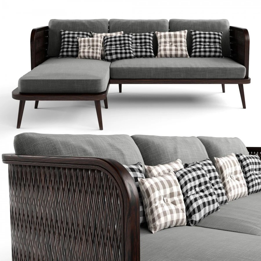 3seat Modular Sofa Outdoor Rattan Wood With Chair 3D Model for VRay