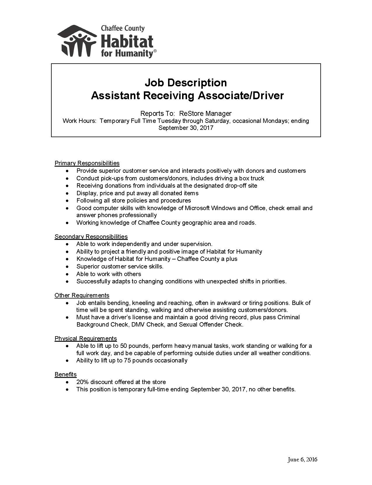 Job Description Assistant Receiving Associate Chaffee County Habitat