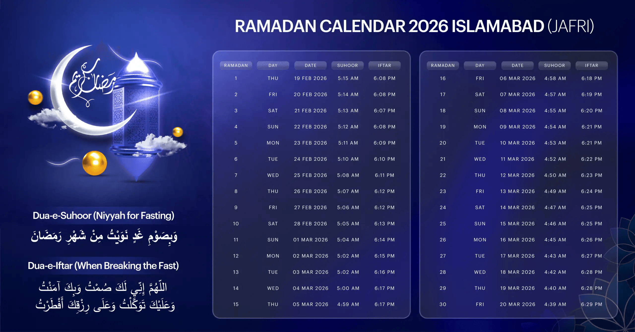 Ramadan Calendar 2026 Islamabad Accurate Sehri and Iftar Timings
