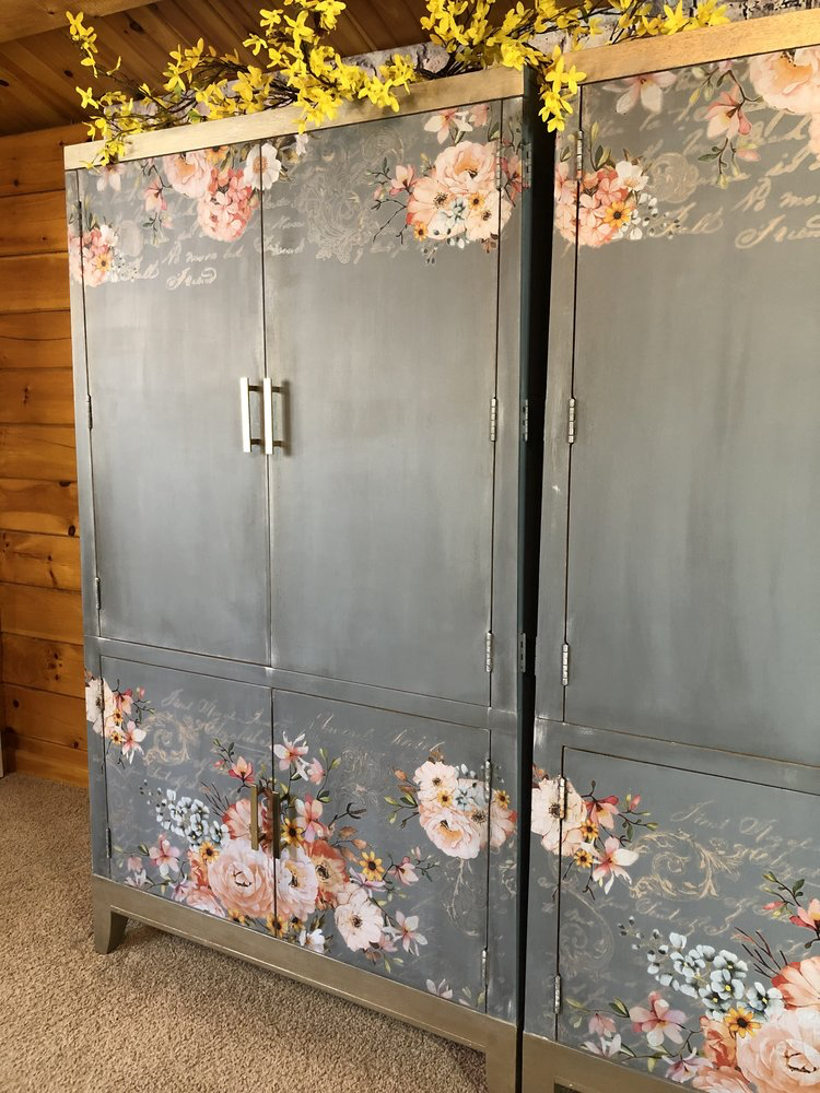 Armoire, double armoire, twin armories, vintage, transfers, flower transfer, gold trim, gold