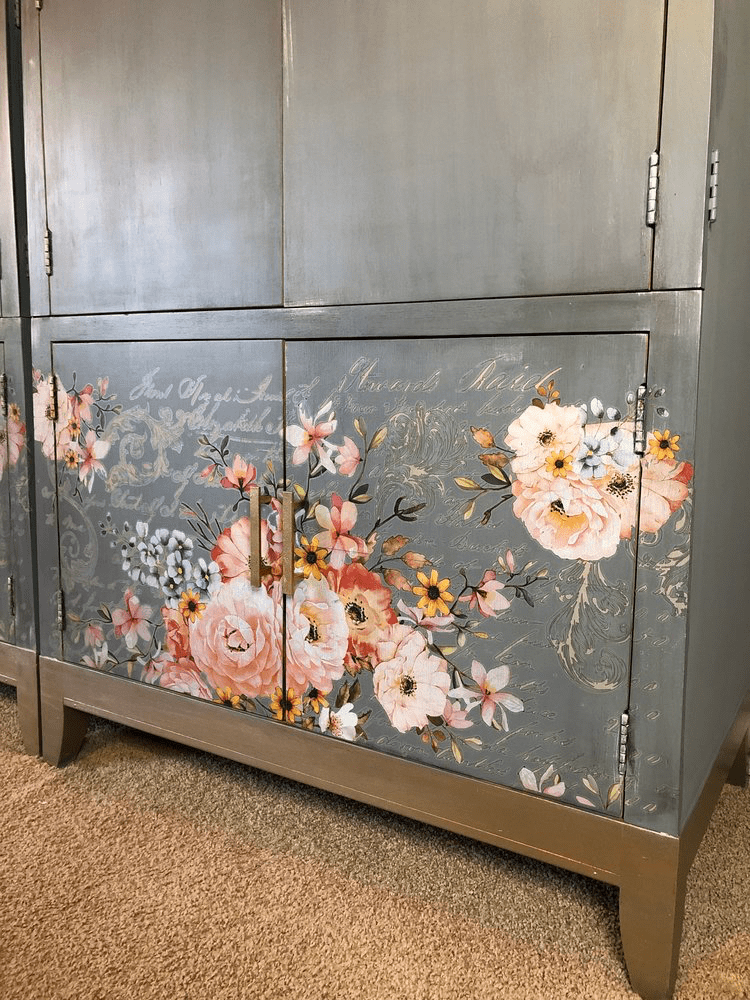 Armoire, double armoire, twin armories, vintage, transfers, flower transfer, gold trim, gold