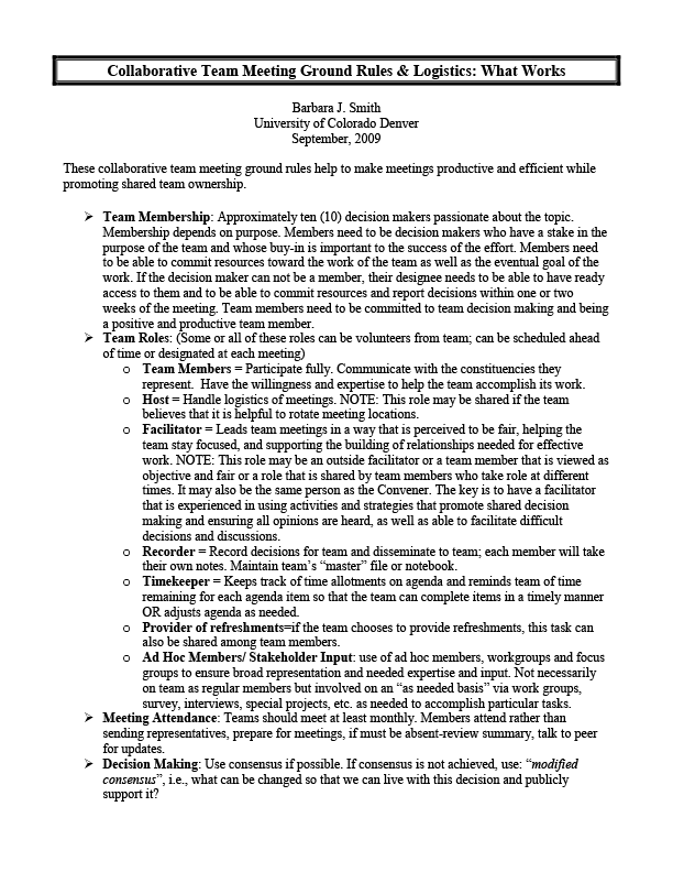 Collaborative Team Meeting Ground Rules & Logistics What Works National Center for Pyramid