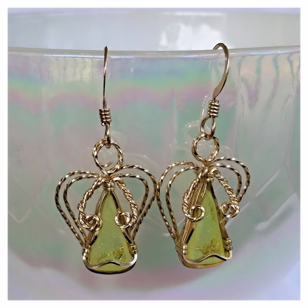 Vaseline Glass and 14/20 Gold Filled Wire Wrapped Angel Earrings