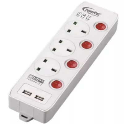 Buy PowerPac Power 3 Way Extension Cord 3M with Dual USB