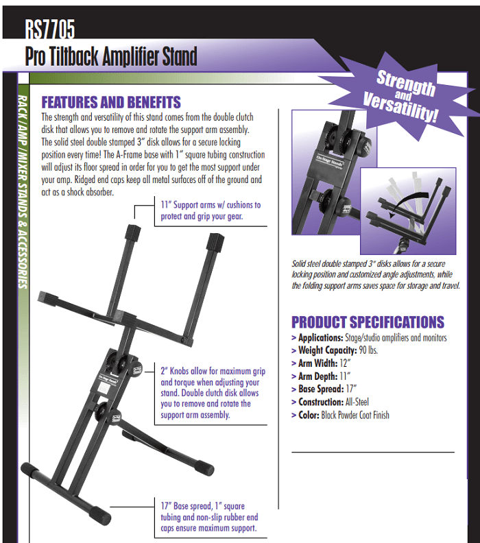 Pro Tilt Back Amp Stand RS7705 on stage stands