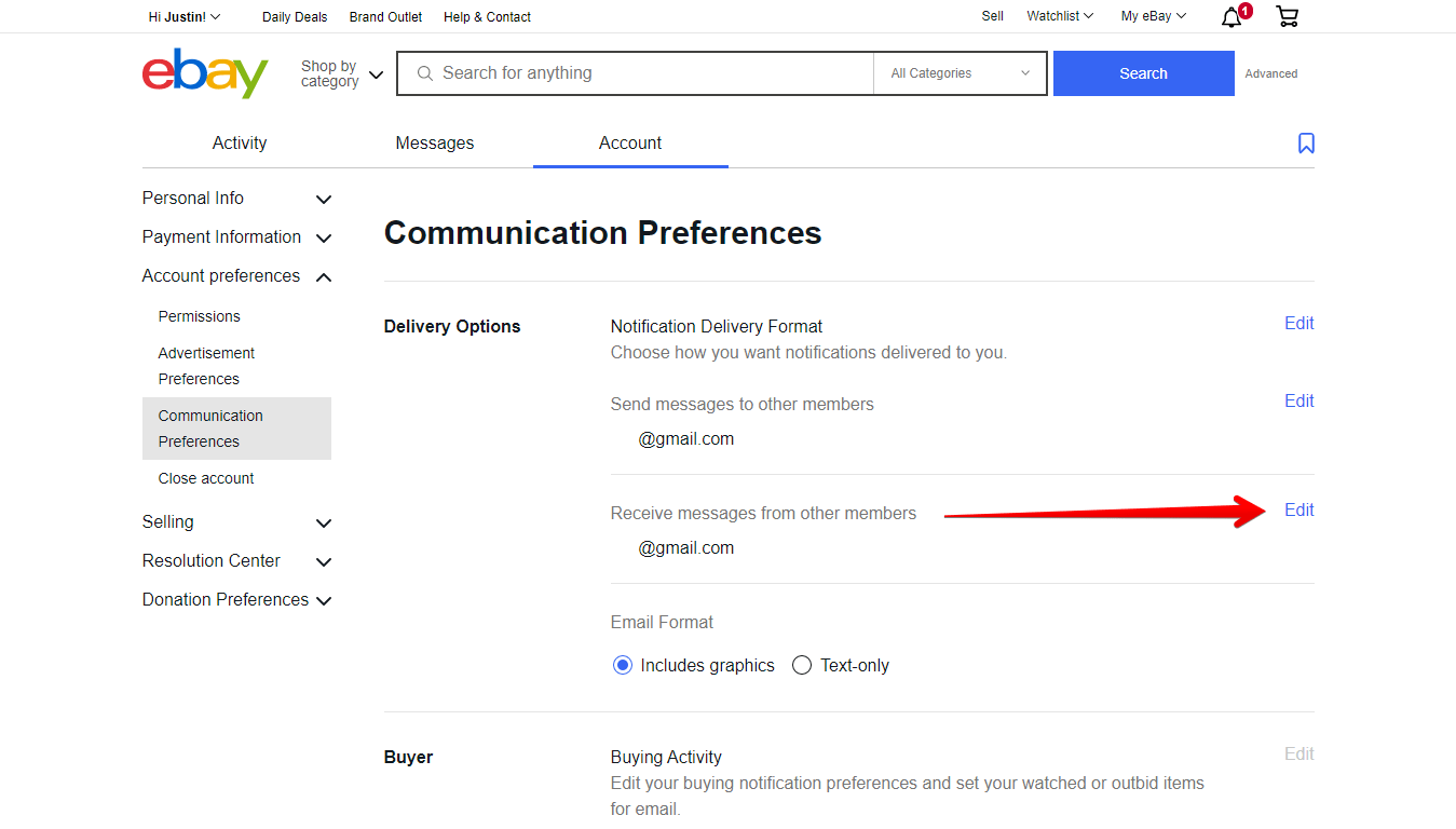 Edit Receive Messages from Other Members Email Address on eBay
