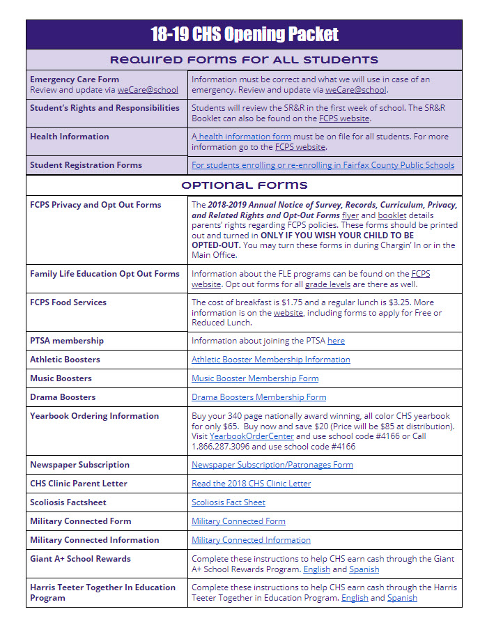 fcps calendar 18 19 1819 Opening Packet Chantilly High School
