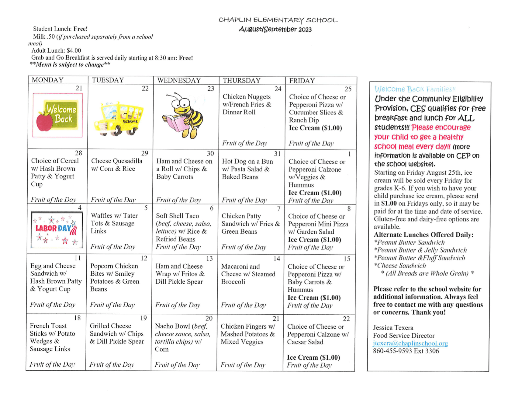 Cafeteria Information and Menu Chaplin Elementary School
