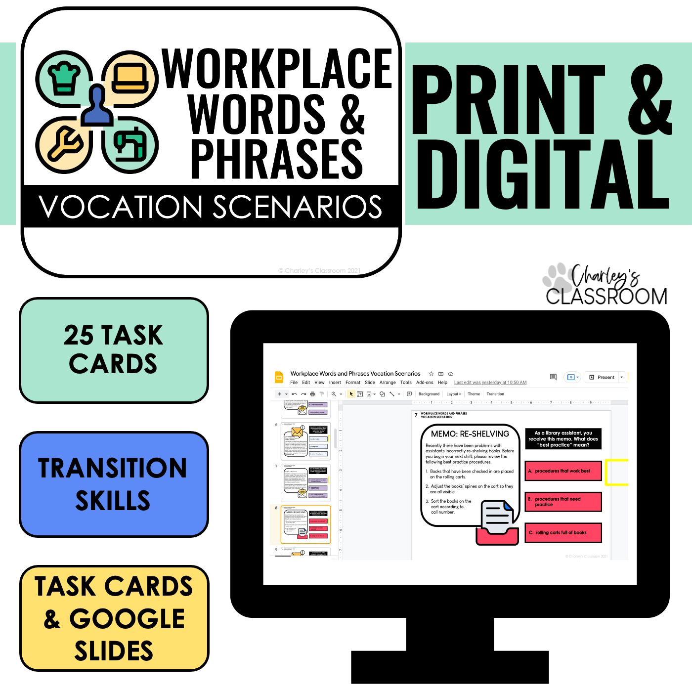 Workplace Words and Phrases Vocation Scenarios Task Cards Charley's