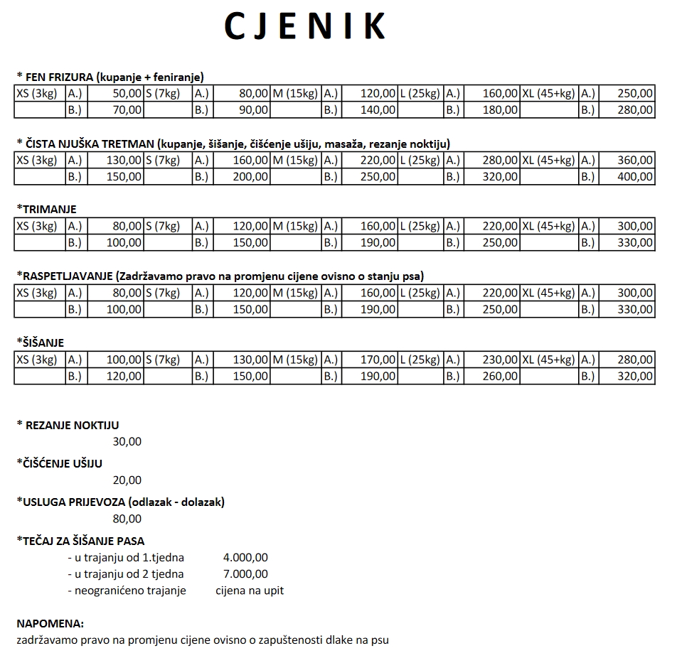 Cijene Charli Salon Za Njegu I Sisanje Pasa