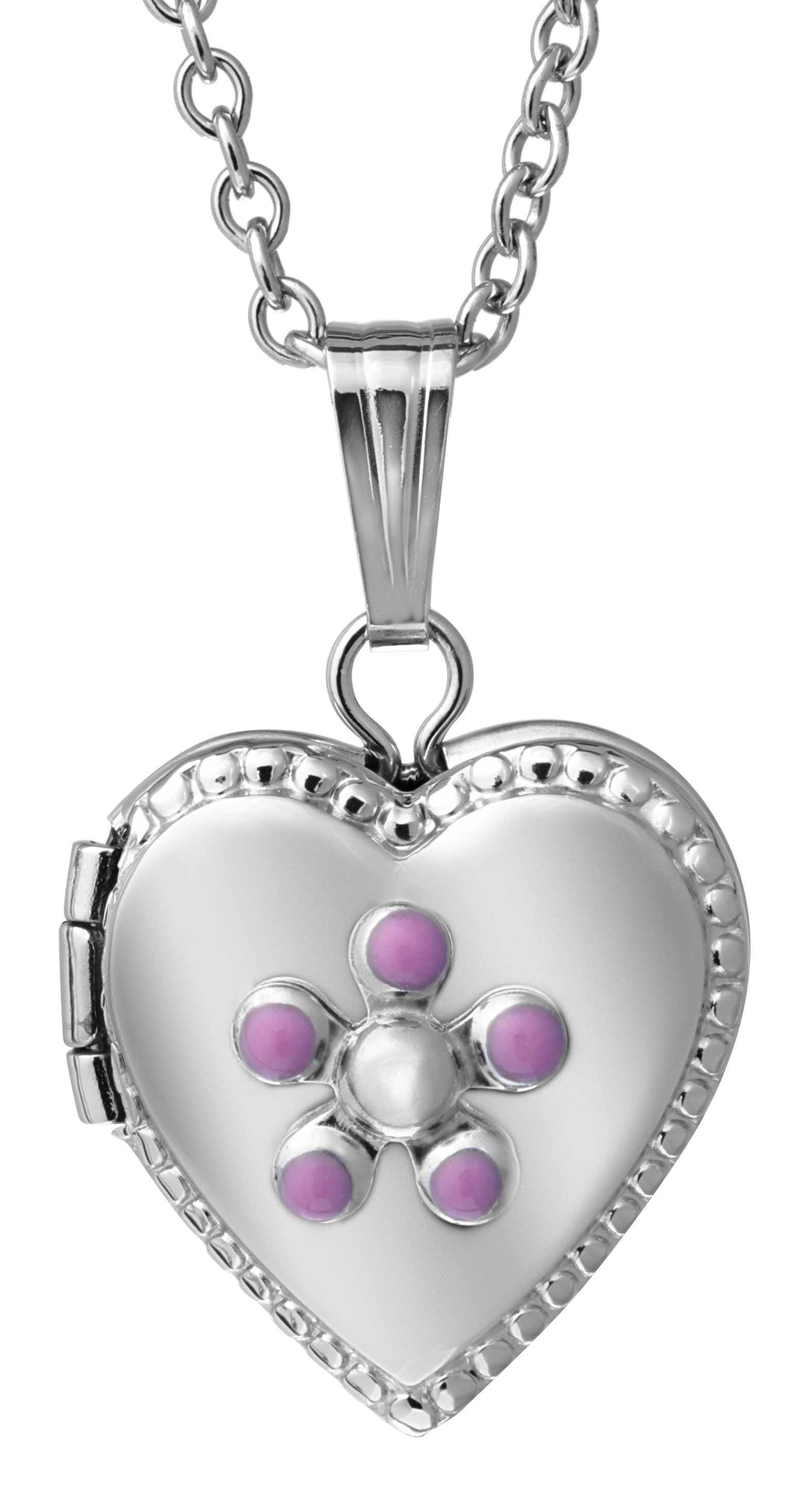 Children's Sterling Silver 15" Pink Flowers Locket Charm Diamond Centres