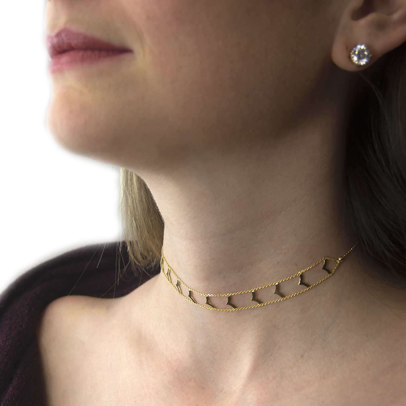 10K Yellow Gold Chevron Design Choker Adjustable Necklace Charm