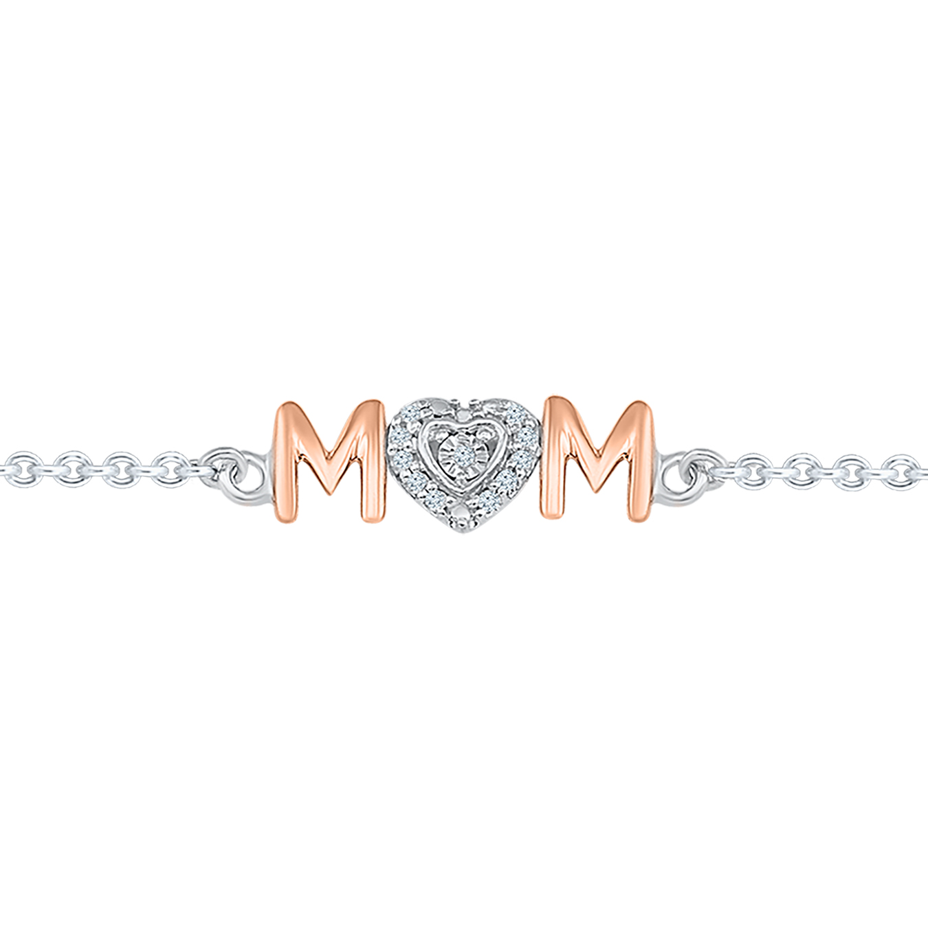 Sterling Silver & Rose Gold Diamond Mom Bracelet Charm Diamond Centres