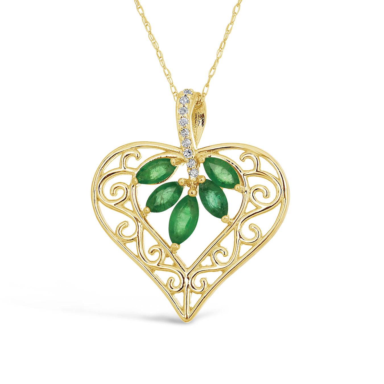 10K Yellow Gold Emerald & Diamond Heart Pendant Charm Diamond Centres