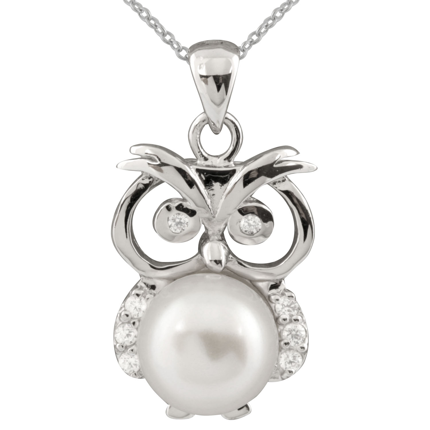Sterling Silver Owl 89mm Pearl Pendant Charm Diamond Centres