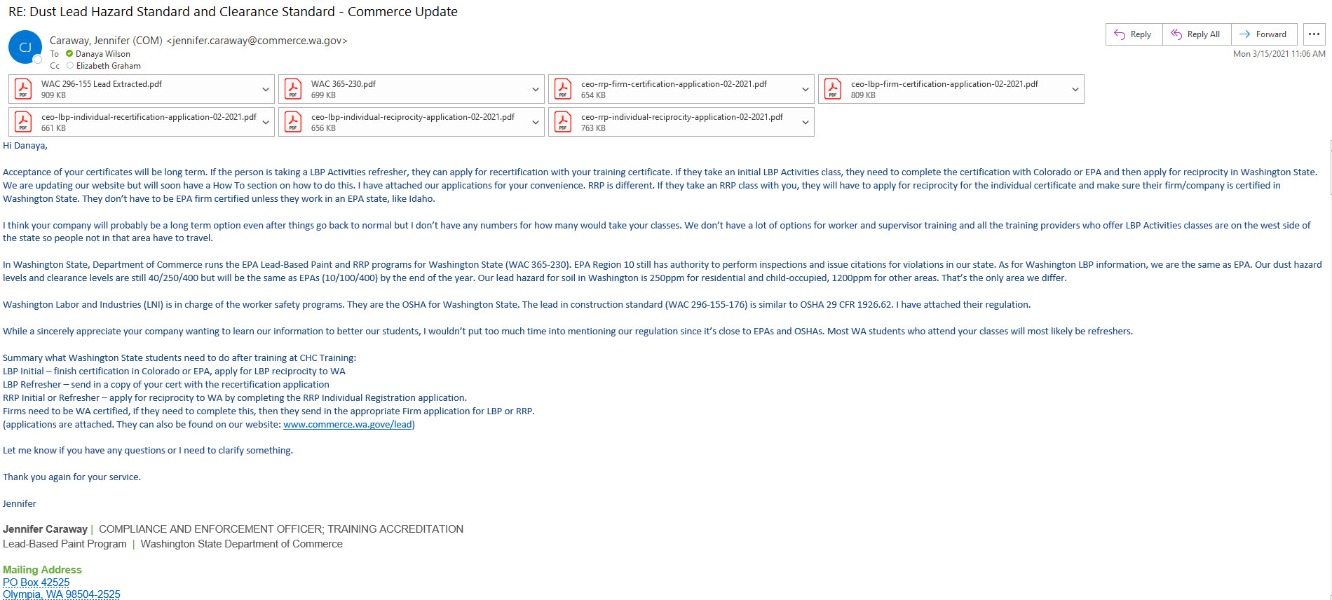 Washington Approval (Reciprocity) for Lead Abatement & Testing Classes