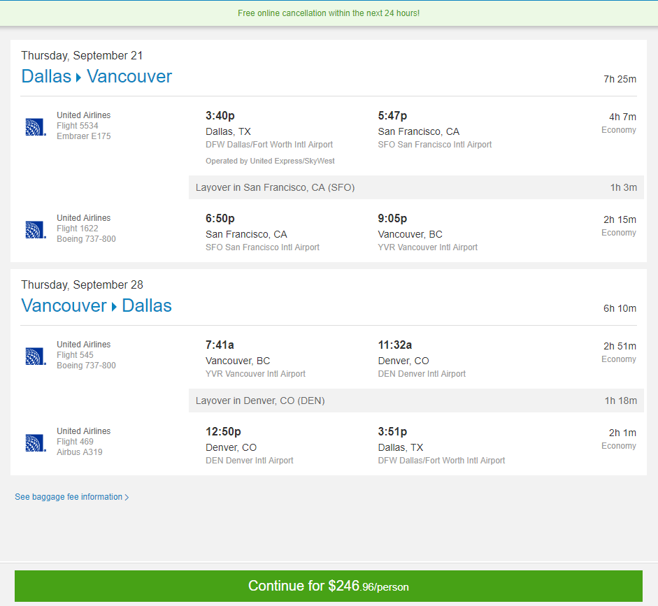 Cheap Flights Dallas to Vancouver 247 r/t United