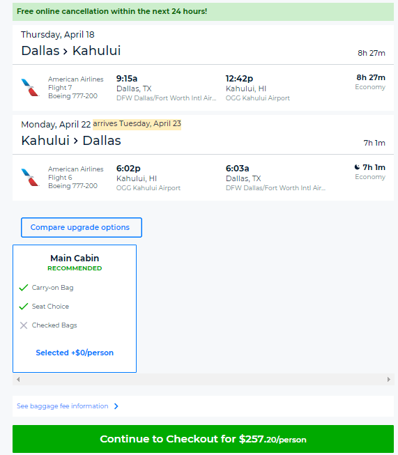 Nonstop Flights Dallas to/from Hawaii (Maui / Kona) 258 r/t American